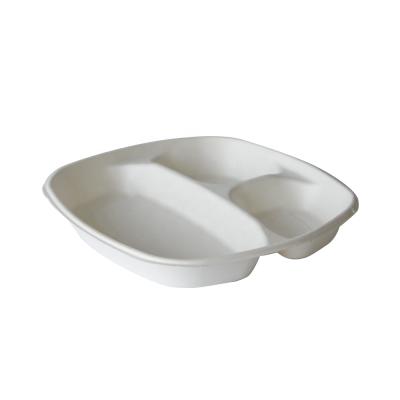 China 3 Compartment Disposable 9 Inch Biodegradable Sugarcane Bagasse Disposable Dish for sale