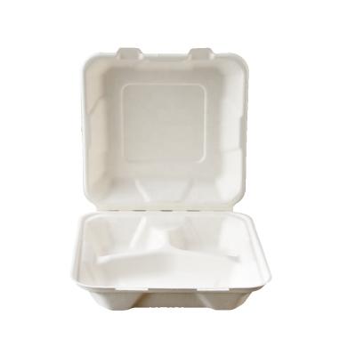China Biodegradable Clamshell 3 Compartment Sugarcane Bagasse Fast Food Packing Box Biodegradable Disposable Food Containers for sale