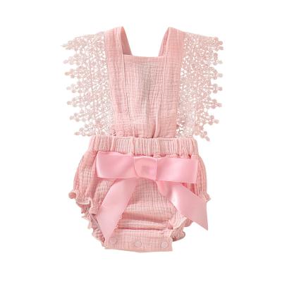 China Suspender Baby Clothes Newborn Babies Summer Jumpsuit For 3 Months Baby Suspender Lace Romper Jumpsuit Pink Sleeveless Jumpsuit for sale