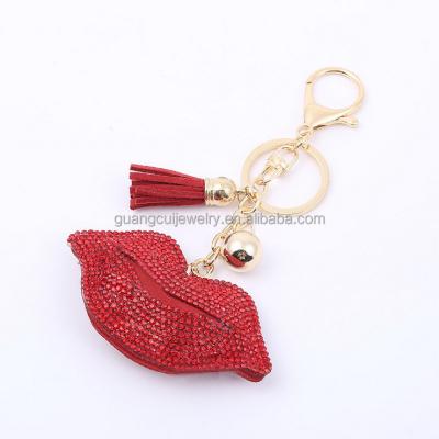 China Souvenir Wholesale Custom Design Hot 3d Rhinestone Metal Lip Leather Tassel Key Chain for sale