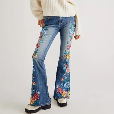 China New Flower Pattern Design Women Jeans High Waist Stretch Rocket Breathable Embroidered Loose Jeans for sale