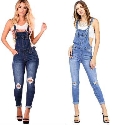 China QUICK DRY Made In China Strap Ladies Denim Overalls Leg Ripped Slim Fit Custom Fit Women's Hip Jeams Overalls for sale