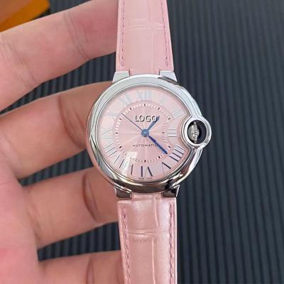 China Luxury automatic ladies watch, mechanical movement silver stainless steel, pink dial date 33mm strap for sale