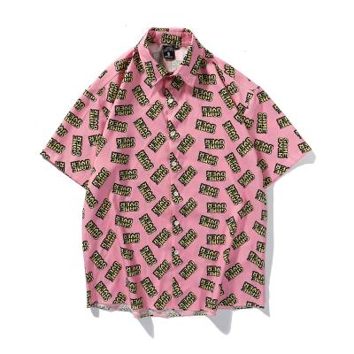 China Breathable High Collar Round Button Beach Pink Shirt With Yellow Letters For Mens Football Casual Sports Hawaiian Shirt for sale