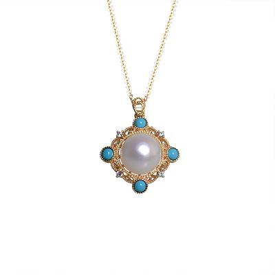 China CLASSIC Solid 925 Sterling Silver Gold Plated Micro-Inlaid Turquoise Diamond Pendant With 11-12mm Natural Freshwater Pearl Necklace for sale