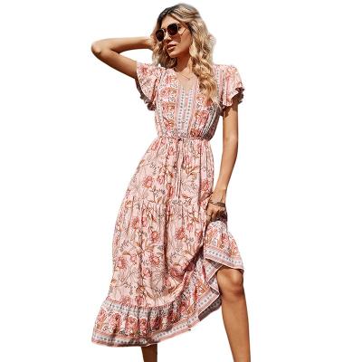 China New Designs Custom Made Anti-Static Sheath Short V Neck Women Beach Boho Casual Dress Women Summer Floral Maxi Dress Line for sale