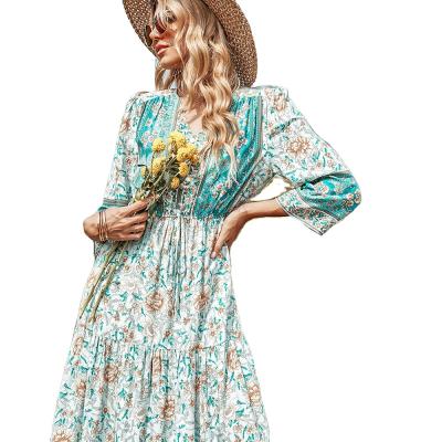 China 2022 Anti-static Autumn Casual Printed Boho Dress Hot Selling Green Leaf Custom Lantern Sheath Long Deep V Neck Long Maxi Skirt Women Dress for sale