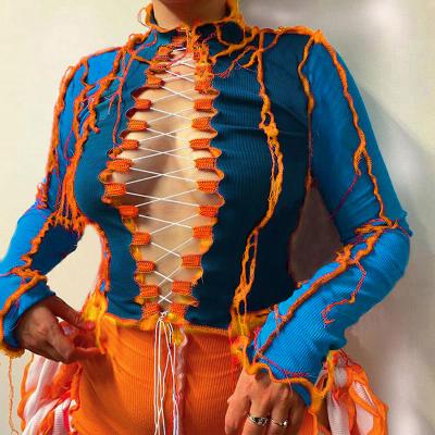 China 2021 New Fashion Long Sleeve QUICK DRY Women's Tops Cavity Quilting Round Collar Shirt Bodycon Clubwear Crop Tops for sale