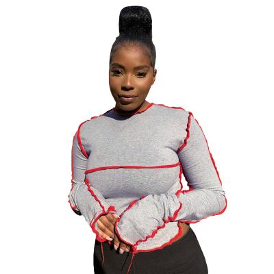 China New QUICK DRY Wholesale Striped Patchwork Stacked Crop Tops Slim O-Neck Long Sleeve Female T-Shirts Women Shirts for sale