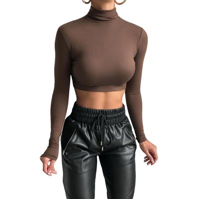 China 2021 New Arrivals Autumn Skinny Solid Turtleneck Long Sleeve QUICK DRY Shirts Short Crop Top Women Tees Shirts for sale