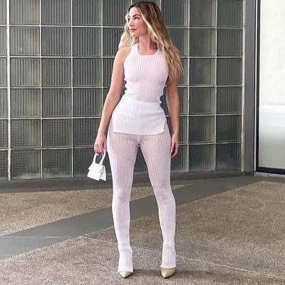 China QUICK DRY Summer Skinny Solid Knit Sleeveless Jogger Women Clothing 2021 See Casual Matching Top+Pant Pant Outfit Two Piece Set for sale