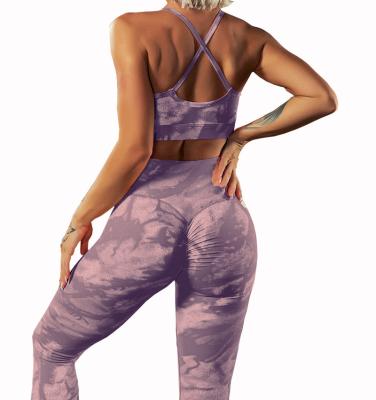 China Tie Dye Butt Elevator Gaiters Crac! crack! Fitness Yoga Butt Set Breathable Compression And Running Training Bra Set for sale
