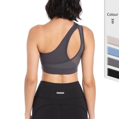 China 3XL Breathable Plus Size One Shoulder Sports Bra Women Sexy Cute Mesh Insert Workout Plus Size Yoga Bra for sale