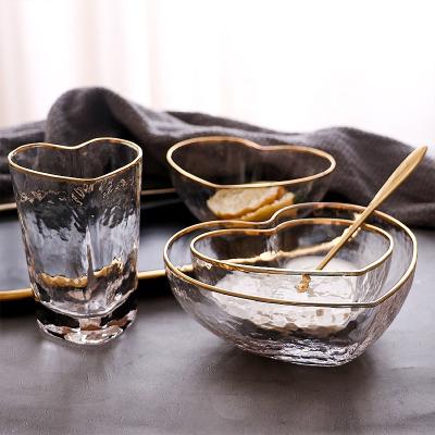 China Wholesale Disposable Funny Love Heart Shape Lead Free Glass Salad Bowl With Gold Rim Hammered Water Cup Dinnerware Table Use for sale
