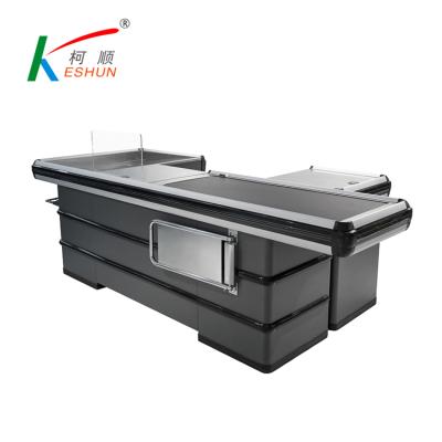 China New Supermarket Style Checkout Counter Cashier Table with Carry Belt Control Cashier Electric Counter Desk for sale
