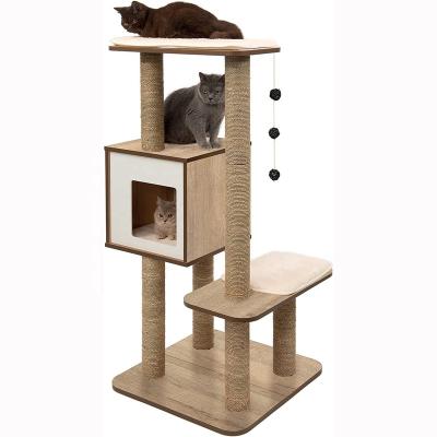 China Wooden Cat Tower stocked with spacious double housings boom fully wrapped lining sisal poles Cat Tree for sale