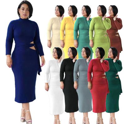 China Cavity Plus Size Long Sleeve Solid Color Plus Size Elegant Women Tight Dress For Ladies for sale