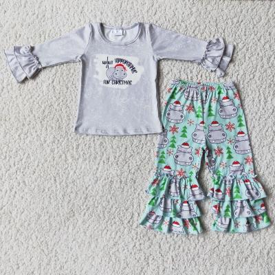 China Sue Lucky Casual Gray Hippo Ruffles Long Sleeve Set Toddler Girls Clothes Baby Dressing Sets Christmas Clothing for sale