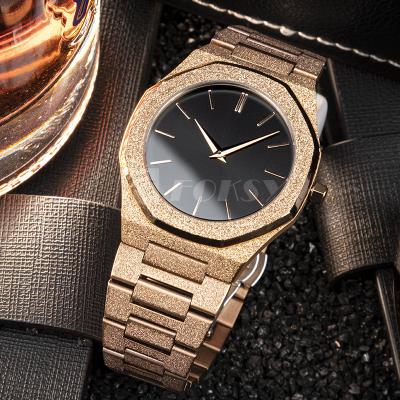 China New Design Water Resistant Brush Stainless Steel Strap Luxury Frost Rose Gold Hand Wrist Quartz Men Watch With Black Bezel for sale