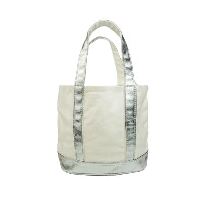 China High Quality Custom Silver Canvas Tote Bag Cosmetic Makeup Bag Durable Promotional Whole Sale Strip Handle Handbag Cotton Canvas for sale
