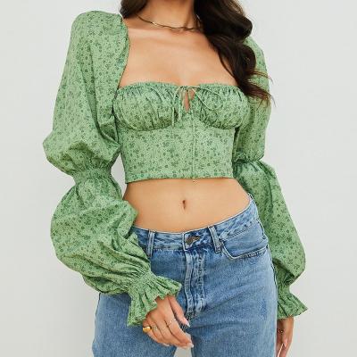 China 2022 Anti Static Drop Shipping Sexy Women Cheap Puff Sleeve Printing Corset Crop Tops for sale