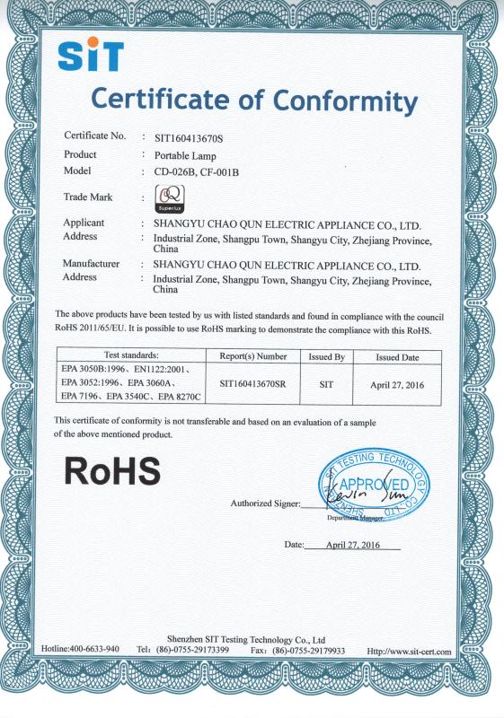 RoHS - Shaoxing Shangyu Chaoqun Electric Appliance Co., Ltd.