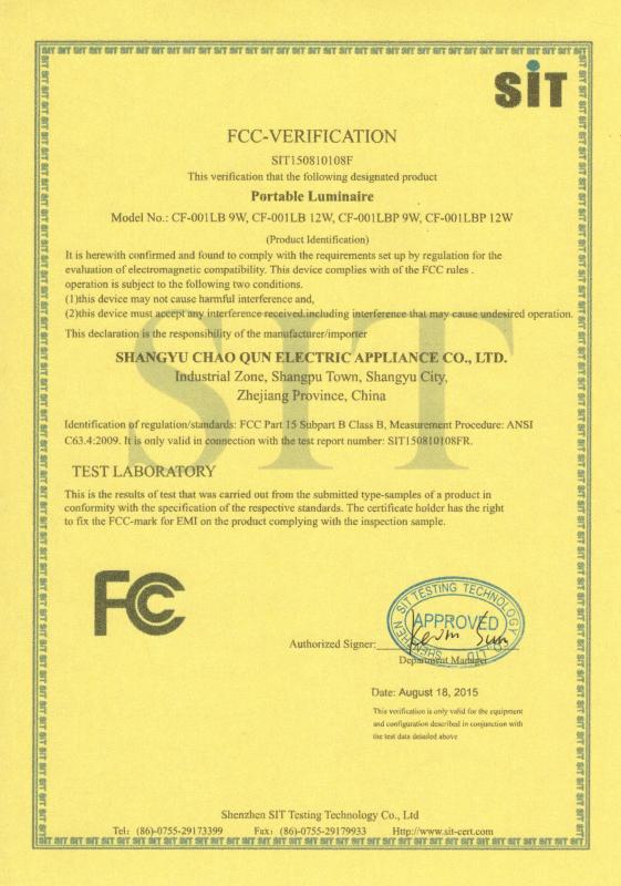 FCC - Shaoxing Shangyu Chaoqun Electric Appliance Co., Ltd.