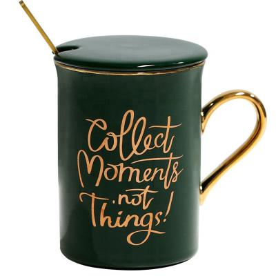 China Viable High Quality Ceramic Coffee Mugs Mug Gift Set Green Pink Ceramic Coffee Mugs With Lid Spoon for sale