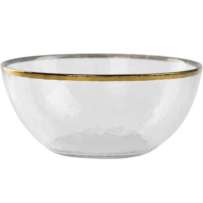 China 2021 New Fruit Salad Dishes Bowl Creative Disposable Glass Salad Bowl Gold Rim Transparent Glassware Set for sale