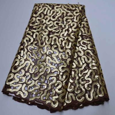 China AG9150 Viable Coffee Brown Glitter Lace Double Organza Lace With Sequins 2020 Latest Nigerian Lace Fabrics for sale