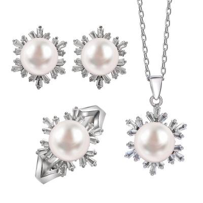 China CLASSIC SEASON CARE Sterling Silver S925 Micro Inlaid Big Pearl Ring Earring Necklace Three Piece Set Japanese And Korean Style Suit for sale