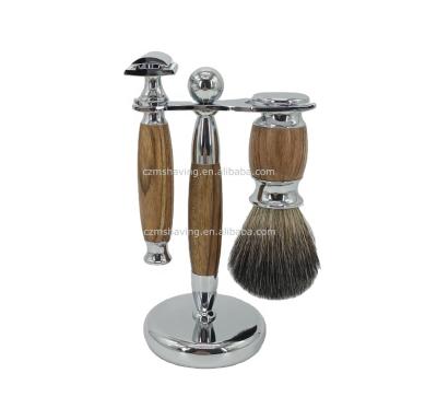 China Shaving brush badger hair knot shaving brush safety razor set razor wood zinc alloy head metal handle gift box custom private label for sale