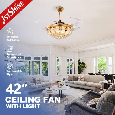 China 42 inch kristal terugtrekbare plafondventilator licht metaal koper ABS lemmet Te koop