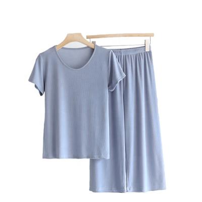China QUICK DRY pajamas women's spring and summer knitted solid color ribbed silk short-sleeved home suit for sale