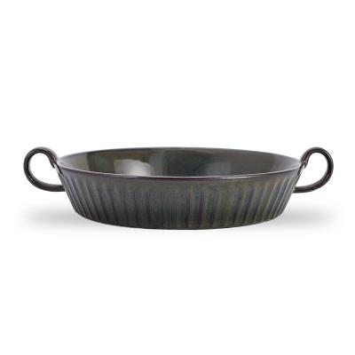 China Sustainable High Quality Service vintage style Multi Color Double Ear baking tray Ceramic Reactive Glaze Baking Dish Product for sale