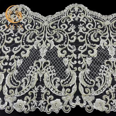 China Viable White Luxury Beading French Lace With Rhinestones Lace Trim Fabric for sale