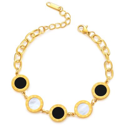 China Romantic Gold Rose Gold Plated Silver Bracelets For Women Men's Roman Number Bracelet Stainless Steel Personalized Shell Coin Bracelet for sale