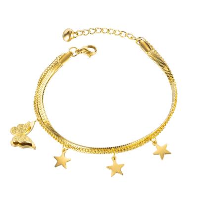 China Vintage Stainless Steel 18k Gold Plated Flat Butterfly Star Charm Bracelet For Women Teen Girls Cute Charm Wrist Double Layer Bracelets for sale