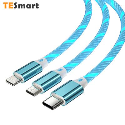 China Fast Charging Speed TESmart Multi-Head Wholesale Data Line Flow LED Charger 3 In 1 Fast Charging Wire for sale