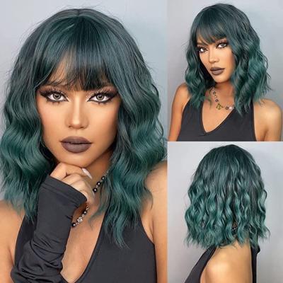 China Natural Soft Short Curly Green 14 Inch Mix Bob Wigs For Women Synthetic Wigs With Bangs Ombre Short Curly Wig for sale