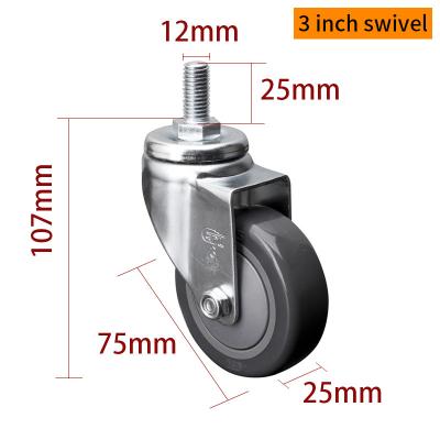 China 75mm Caster Wheels 80kg Threaded TPU 3 Inch Swivel Casters With Brake for sale