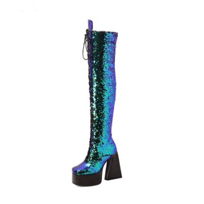 China Deodorization Fashion boots flash material side zipper design front lace-up design comfortable inside over knee boots for sale
