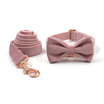 China Personalized Pet Gift Elegance Rose Gold Metal Champagne Velvet Fabric Dog Collar With Leash Attached Set Bow Tie for sale