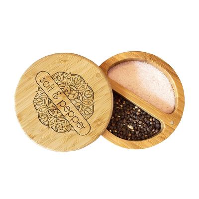 China Europe Custom Wooden Salt Cellar With 2 Compartments Wooden Round Salt Box Spice Box With Swivel Cover for sale