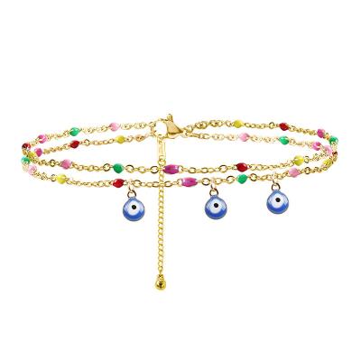 China Hot Selling Lead Free Nickel Free Boho Multi Layer Beads Evil Eyes Anklets Stainless Steel Gold Color Bead Shell Anklets For Women for sale