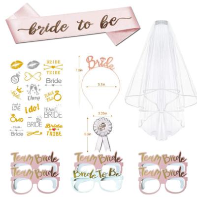 China 2021 Hot Sale Rose Gold Fabric Bride To Be Sash Set Decoration Veil Balloons Sets Bachelor Party Kit Decorations for sale