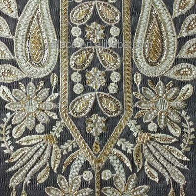 China New Yuanshengfa Viable Gold Beaded Lace Collar Embroidered Lace Beaded Wedding Fabric RJ479 for sale