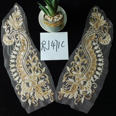 China Sustainable YSF Beaded Applique Beaded Sequins Lace Beads Embroidery Applique Fabric for sale