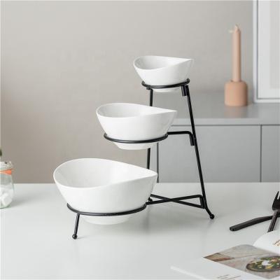 China White Empty 3 Tiers Oval Fry Standable Dinnerware White Empty Bulk Food Serving 5 Inch Ceramic Bowl With Rack for sale