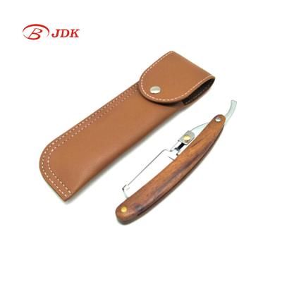 China JDK Single Blade Men's Folding Straight Shaving Straight Razor With Wooden Handle And Brown PU Pouch For Barber for sale